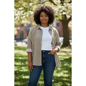 And Now This Tan/white Vertical Stripped Long Sleeve Button Up Women’s Shirt XL